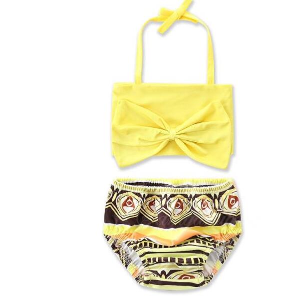 Samgami Baby Two-piece Bikini Swimwear Big Bow Infant Toddler Girls' Bathing Yellow Geometric Printed Sling Swimsuits - Click Image to Close